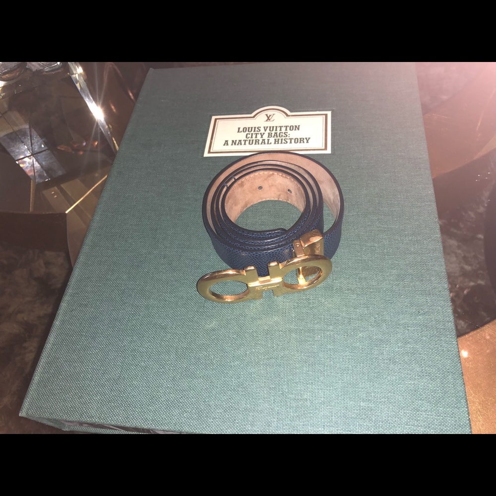 Ferragamo belt, blue on gold buckle